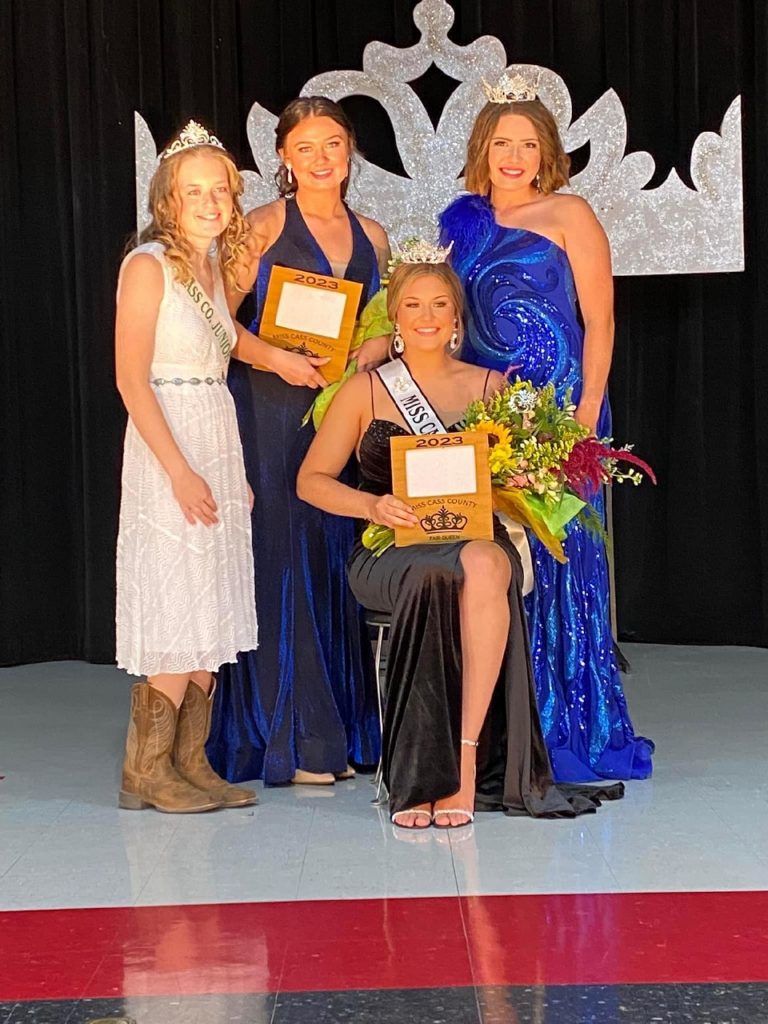Pictured standing, left to right: 2023 Junior Show Queen, Riley Booth, Beardstown, 1st Runner-up, Gracie Eilers-Otto. Beardstown, 2023 Miss Cass County Fair Queen, Gretchen Swartz, Beardstown and seated 2023 Miss Cass County Fair Queen, Isabella Carlock, Chandlerville, Not pictured: Miss Photogenic, Brooklyn Beck, Arenzville and Miss Congeniality, JoCee Harris, Chandlerville.