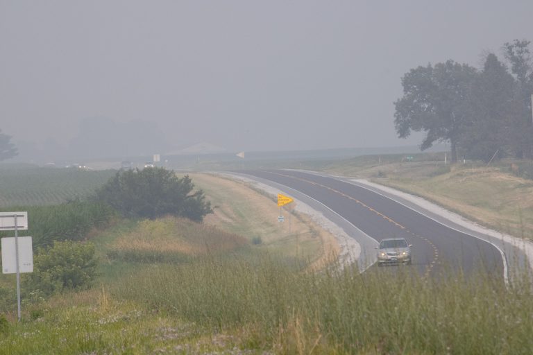 Smokey haze caused by the Canadian wild fires continues to cover most of Illinois.  Pictured above Route 125 heading towards Philidelphia on Wednesday June 28. Photo by Kaitlyn Copley