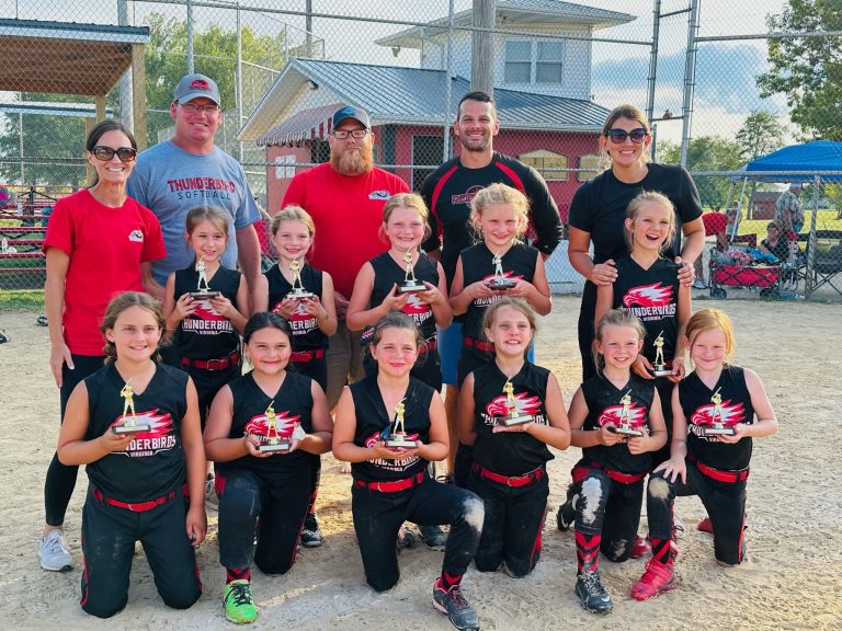 The Virginia Thunderbirds 8u took 1st place in their home tournament held in Virginia, IL on Saturday, July 8th. Front row left to right: Jenelle Barrett, Korynn Angelo, Finley Garner, Kenleigh Keithly, Kyndal Gebhardt, Claire French. Middle row left to right: Lily Ratliff, Quinn Deaver, Harper Hobrock, Catey Virgin, Ellie Whitehead. Back row left to right: Coaches—Trista Barrett, Zach Virgin, Casey French, Coy Angelo, Jordan Whitehead.