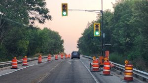 Be prepared for delays. Temporary stoplights have been installed on Route 125.at the overpass over the railroad tracks. After months of delays work is underway. Photo By Jaime Chapman