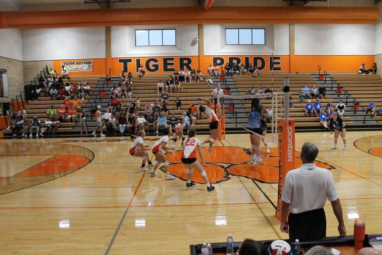 Bella Palmer elevates for the block in high school volleyball action. Photo by Brockschmidt