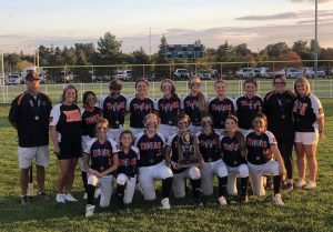 The members of the Beardstown Middle School softball team and coaches are all smiles as they pose with their Fourth Place Trophy following the IESA Class 2A State Tournament in Normal. Congratulations players and coaches!!