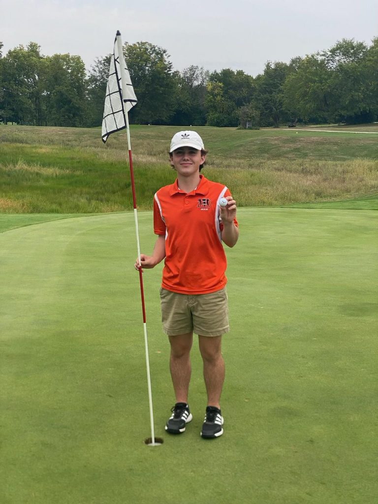 Beardstown Junior Cade Ross is pictured with his hole-in-one ball on the 18th hole of Deer Run Golf Course in Hamilton, Illinois. Congratulations Cade!