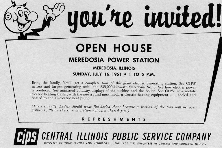 Reddy Kilowatt invites the public to the CIPS Meredosia Power Station open house. (Leigh Morris collection)