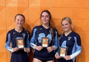 (L/R) Mylee Tracy, Chelsea Bell and Lucie Dion of the Triopia-Virginia-Meredosia Lady Trojans are pictured with their All-Tournament plaques.