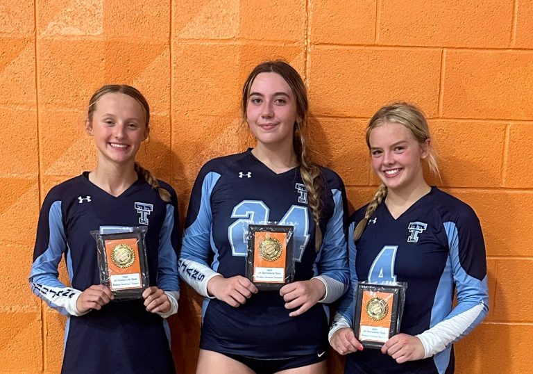 (L/R) Mylee Tracy, Chelsea Bell and Lucie Dion of the Triopia-Virginia-Meredosia Lady Trojans are pictured with their All-Tournament plaques.