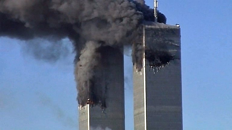 Twin Towers during attack on 9/11/01