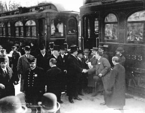 President William H. Taft prepares to board a special Illinois Traction System train at Millikin University in Decatur for the trip to Springfield. (Dale Jenkins Collection)