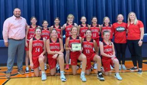 The Virginia Redbird 8th Grade girls basketball team is pictured with their First Place Plaque from the New Berlin Tournament.