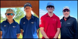 Pictured on the left is PORTA/A-C Central Sectional Golf Qualifiers Brady Kinney (left) and Trace Donnan. Pictured on the right is Austin Strubbe, shown with Redbird Coach Jeff Bennett, qualified for the Sectional Golf Meet for Virginia-Triopia.