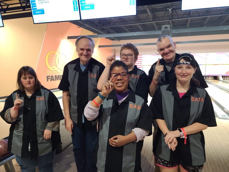 The Beardstown Area Special Athletes bowling team is pictured at the Region F Sectional Bowling Tournament (L/R): Amber, Michael, Wanda, C.J., Dallas and Leah.