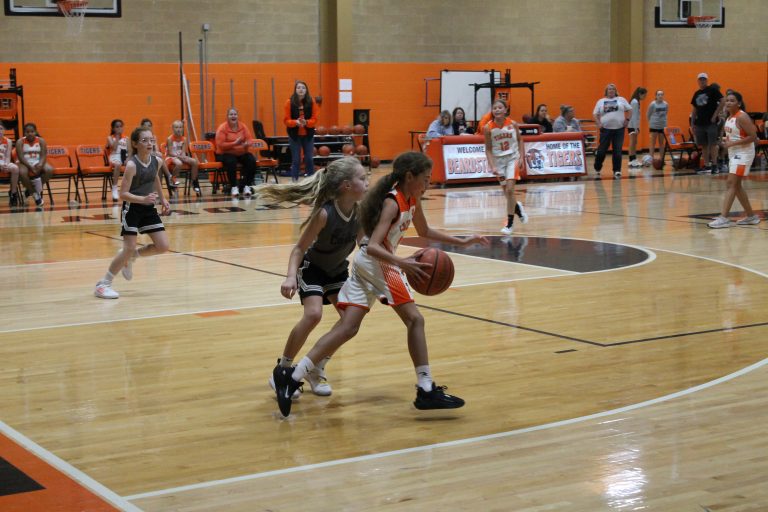 Lilly Guzman brings the ball up under pressure for the Lady Tigers in grade school hoops action.