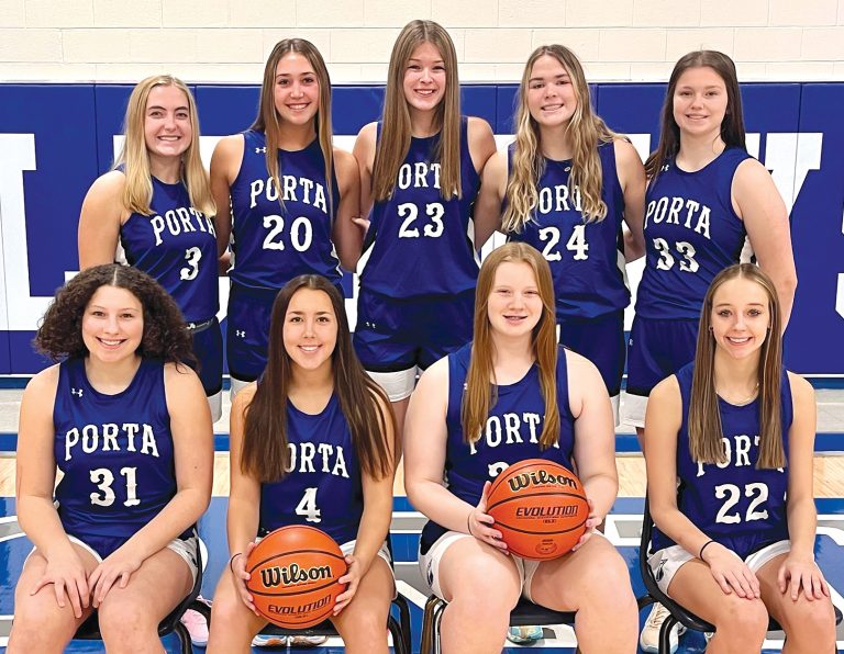 PORTA/A-C Girls Basketball Team pictured from left to right, Back row: Jayce Privia, Karlie Hoke, Carson Arthalony, Cassie Cox, Reese Cookson. Front row: Allison Vogel, Aubrey Vogel, Marley Roberts, Kelci Flack.