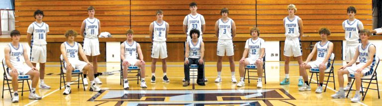 Triopia-Virginia Boys Basketball team pictured from left to right, Back row: Braden Reid, Jack Parlier, Evan Bell, K. J. Beck, Austin Strubbe, Andrew Hobrock, Barrett Whitehead. Front row: Grant Fricke, Jacob Cook, Caleb Carpenter, Gameli White, Jaxon Dion, David Richards, Bronc Bogner.