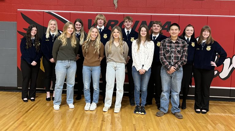 Students who spoke and were the honor guard are shown front Row (L to R): Emma Davis, Lindy Parlier, Maggie Parlier, Esme Anderson, William Petla; back Row (L to R): Isabella Garner, Devin Cave, Emma Lyons, Steve Reynolds, Evan Bell, Jack Cox, Mia Minor, Natalie Force.
