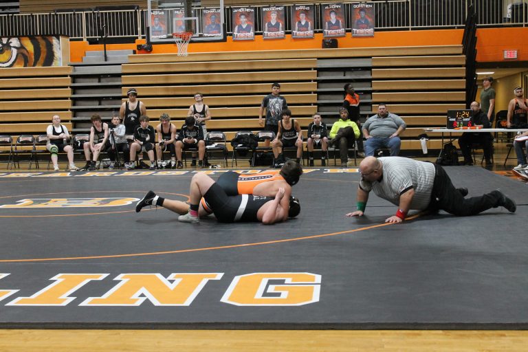 Bradley Locklear pins his man for the win for the Tigers in home wrestling action.