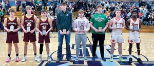 Members of the Triopia Tournament All Tournament Team (L/R): from Griggsville-Perry: Wyatt Lipcaman, Michael Myers, Lane Lipcaman. From Triopia: K.J. Beck and Caleb Carpenter. From Carrollton: Konnor Campbell. From Beardstown: Isaac Brockschmidt and Elizah Thomas.