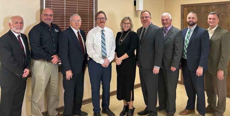 The members of the Petefish, Skiles, & Co. Board of Directors are shown from left to right: Paul Brown, Scott Musch, Steve Bitner, Ron Brockhouse, Nancy Cowen, Paul Reynolds, Eldon Leinberger, Chris Barrett, and Pat VanDeVelde