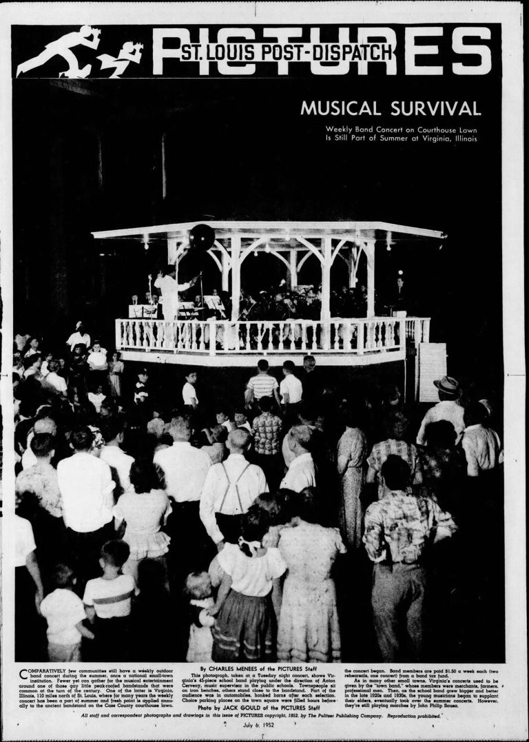 Shown above is a photo from the St. Louis Post Dispatch that was printed on July 6, 1952. This photo was taken when the bandstand on the Cass County Courthouse lawn held weekly concerts during the summer. Above is a 45-piece of Virginia’s school band under the direction of Anton Cerveny, music supervisor of public schools. At Monday night’s Virginia City Council meeting, it was announced that fundraisers will be held to do much needed repairs to the 111-year old bandstand.