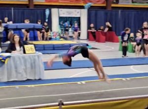 Madison Griffin executing a backhandspring on floor, where she placed 1st in the Sub Novice level. She is a 4th grader at Central Middle School with proud parents, Dustin & Megan Griffin of Camp Point, IL.