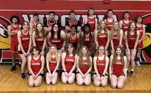 The Virginia-Triopia-Meredosia Track Team is shown from left to right; Front Row:Ashton Stanberry , Jersey Henson , Adelea Anderson , Olivia Hughes , Keylie Degroot, Marilyn Berends. Middle Row:Faith Wingert , Olivia Luttrell, Destinee Lund, Shariya Randall, Ta’Shia Allen, Sophya Ogden, Peyton Petefish, Ava Petefish. Back Row: Dylan Grinle, Brady Seymour, Nate Doyle, Cooper Pahlman, Jack Parlier, Braden Hudson, Jonathan eveland, Alex Schild.