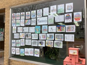 The Cass County Star-Gazette Office Decorated with Easter drawings and coloring pages.