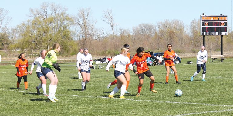 The Tigers' Ashley Gil fights for the ball against Jerseyville in last Saturday’s home soccer contest.