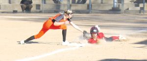 Lady Tiger third baseman Cami Coats makes the tag on a Pittsfield Saukee.