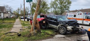 A two-vehicle crash on April 10 struck a utility pole which Ameren had to replace. According to a Beardstown Police report, Dillon McNeff, Beardstown, was driving a 2002 Mitsubishi northbound on Canal Street when he failed to yield right of way and struck a 1994 Ford pickup truck driven by Carlos E. Arrocha Borraz who was westbound on 9th Street. Both vehicles then slid into the utility pole. Both drivers were transported to the hospital. Photo Beardstown Volunteer Fire Department