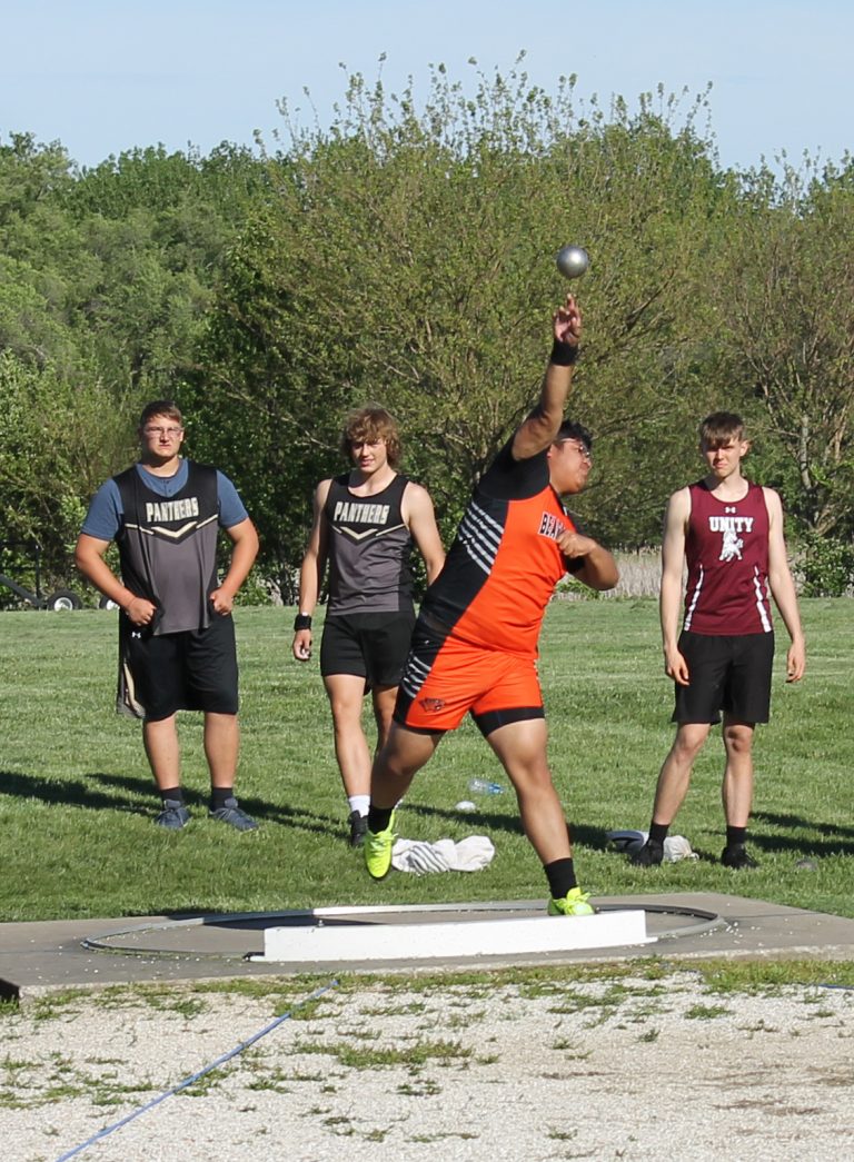 Jared Perez launches the shot put for the BHS at the Annual Tiger Relays. Photo by Brockschmidt