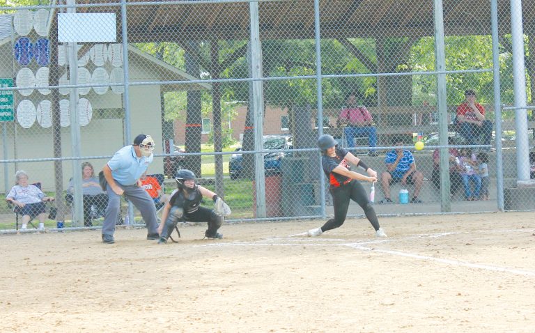 Beardstown's Kylynn Maltby drives a pitch to left field in a win over Midwest Central.