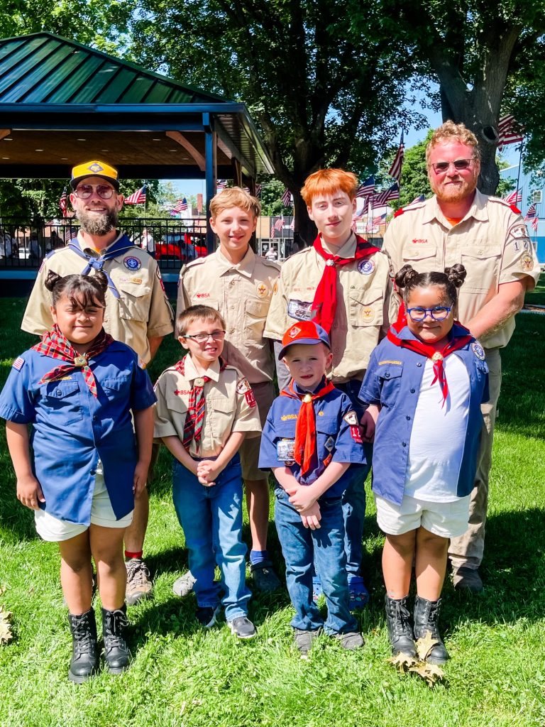 Scouts BSA Troop 127 & Cub Scout Pack 127 assist VFW with Memorial Day service. Back row, pictured left to right: Cubmaster Phillip Hadden, Lucas Pherigo, Carsen Hammack, Scoutmaster Randy Pherigo. Front row: Nina Cortes, Bryce Mann, Carter Hammack, Layla Cortes. Photo submitted.