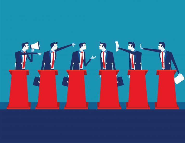 Politicians participating in political debate. Concept business team vector illustration, Teams, Debate, Meeting.