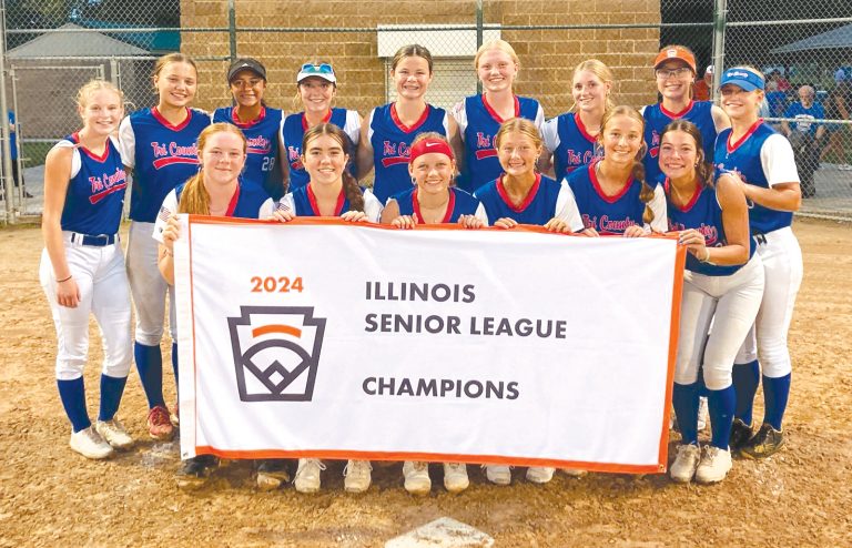 The 2024 Tri-County Thunder Senior Girls Softball team poses with the State Championship banner.