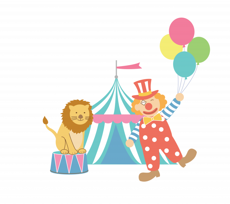 circus clown, lion and tent