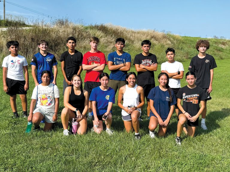 The 2024 BHS Cross Country team. From left to right, back row: Oscar Cortes (freshman), Jack DeWitt (Freshman), Martin Pineda (Sophomore), Brok Ratliff (Sophomore), Joel Sosa (Senior), Marcos Lopez (Senior), Bryan Islas (Junior), Liam Hymes (Freshman). Front row: Emely Martinez (Sophomore), Georgia Brown (Senior), Wen Lan Lin (Junior), Rosalba Quintana(Sophomore), Ayelen Gabriel (Sophomore), Diana Huerta (Junior). Not Pictured: Junior Gil (Junior), Camila Salazar (Junior).