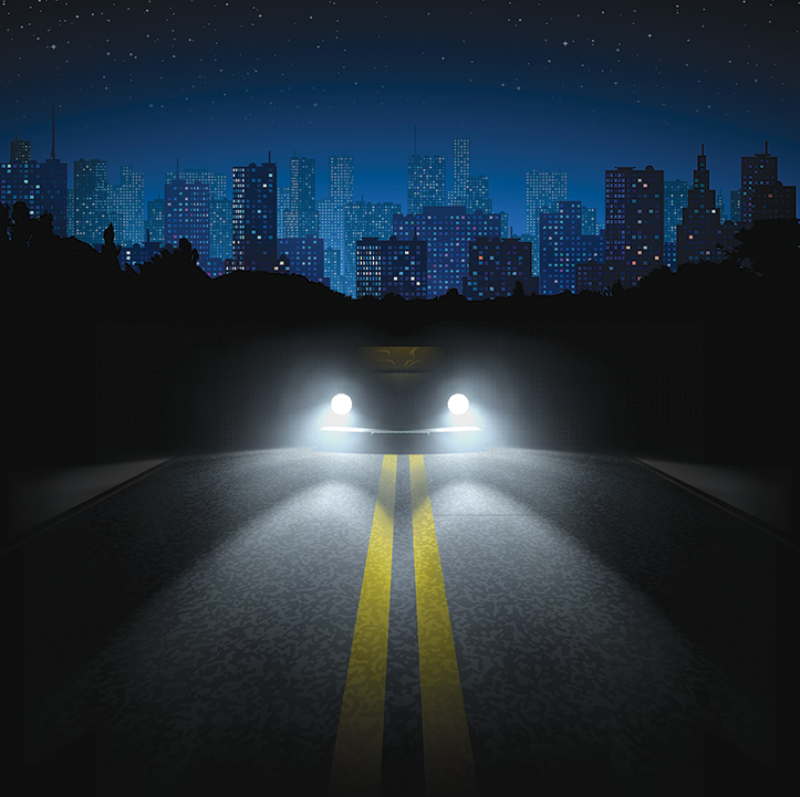 Car headlights at night