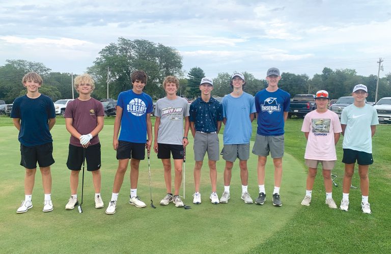 The PORTA/A-C Central Bluejays Golf Team pictured from left to right: Chris Bright, Reid Collins, Brody Pettit, Griffin McClure, Kolin Johnson, Landon Johnson, Nash Donnan, Will Kerrigan, and Owen Gronewold.  Not pictured: Avery Jockisch, Ike Suiter, and Coyt Rademaker.