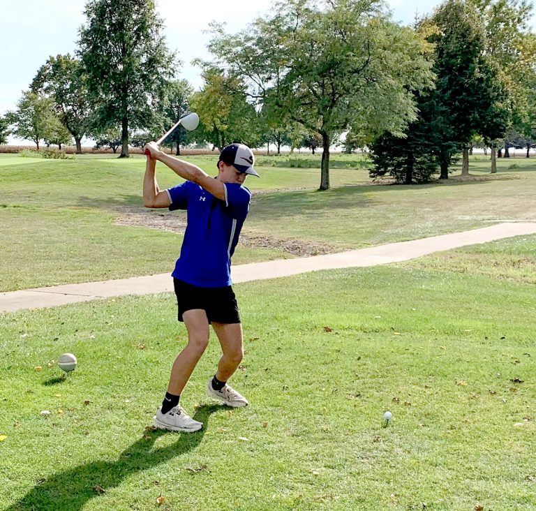 Colton Nelson uncorks a drive for the PORTA/A-C Central golf team.
