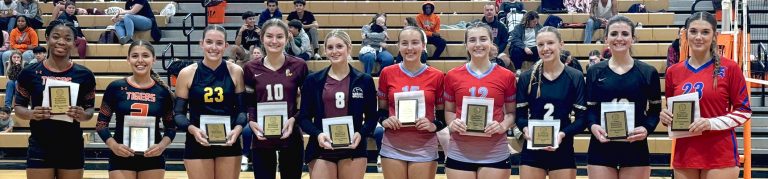 Congratulations to Beardstown’s Laetitia Kanda and Jazmin Pacheco (far left, L to R) who are pictured with the rest of the girls who made the All-Tournament Team at the 2024 Beardstown Varsity Volleyball Tournament. The Lady Tigers placed third in the eight team tournament, behind Havana and Midwest Central.