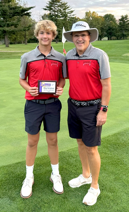 Virginia-Triopia golfer Sam Miller and coach Jeff Bennett are pictured after Miller’s fourth place finish in the Jacksonville Routt Invite.