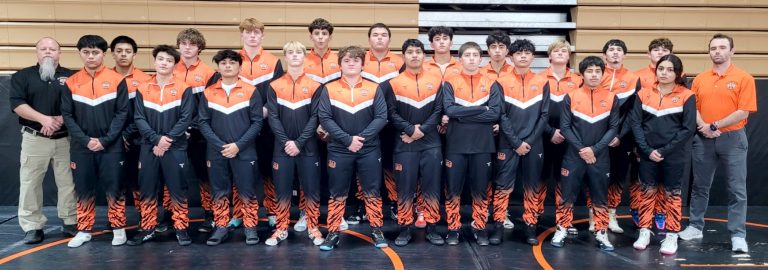 The 2024-2025 Beardstown Wrestling Team pictured from left to right, back row: Coach Joe Kolb, Edgar Domingo, Payton McCoy, Ryder Hamlin, Maddox Medrano, Chunk Dailey, Alcantar Medrano, Luis de la Cruz, Logan Haverback, Alejandro Rivera, Jack DeWitt, and Assistant Coach Joe Hall. Front row: Efren Guijosa, Alex Armenta, Aksel Avila, Kellen Brown, Gunner Looker, Diego Lopez, Tony Ortiz, Alejandro Gil, Bryan Islas, and Daisy Gil.