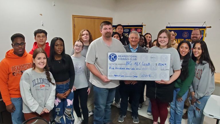 Kiwanis Club of Beardstown presented the Beardstown High School Key Club with a donation for their help with the club’s annual Peanut Day Fundraiser. Shown above are (Not in Order); Max Moore, Wadny Sido, Darren Lopéz, Keilly Lucha, Maddie Morales, Corri Boyd, Dafine Mariscal, Alondra Botello, Rebecca Avosse, Lizzy Kester, Addison McClenning, Marielos Vega, Christagie Zambele, Rosalba Quintana, Abraham Diaz, Frank Shaw, Key Club Sponsor; Bob Masten, Kiwanis President and Wells Petersen, Chairman Fundraiser.