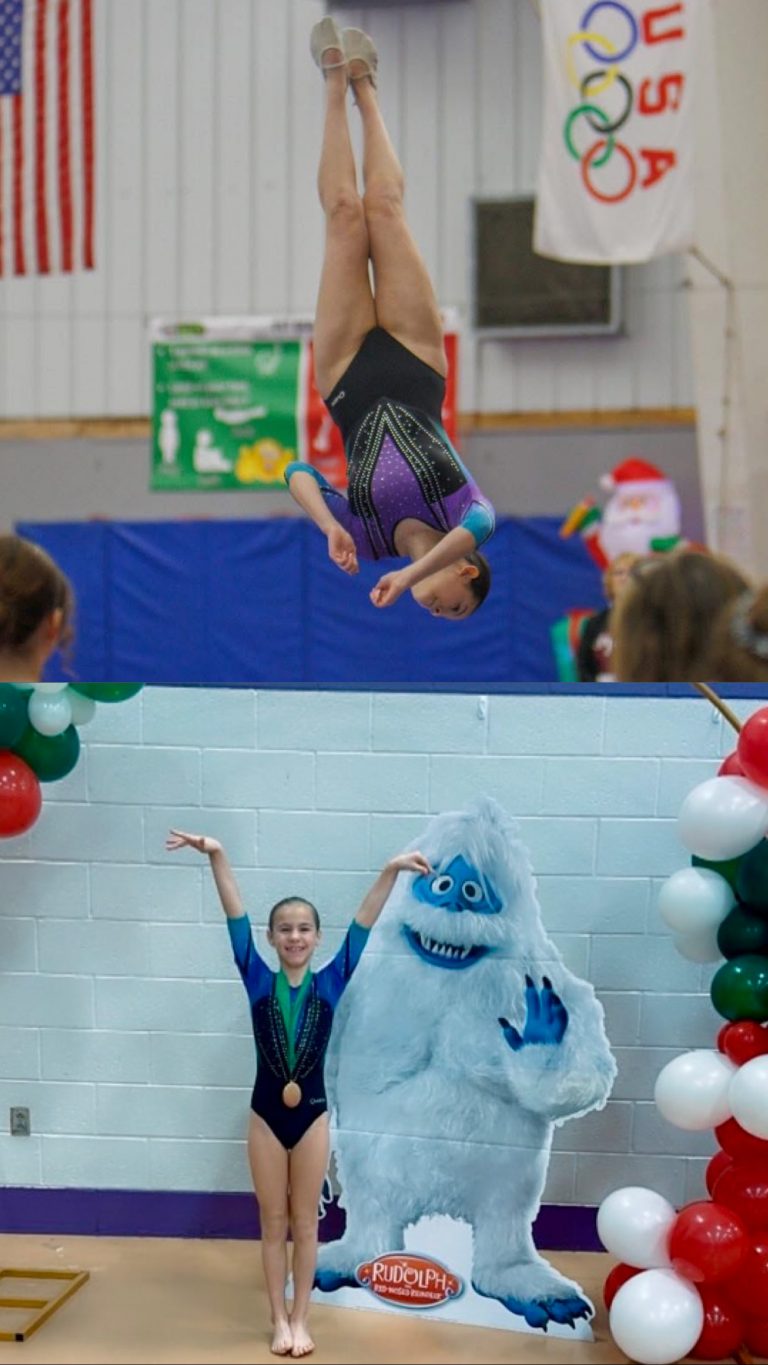 Yasmin Lopez is shown performing as an advanced athlete on trampoline for the first time completing her rudi skill as well as Hattie Slight with the “Yeti or Not” themed awards.