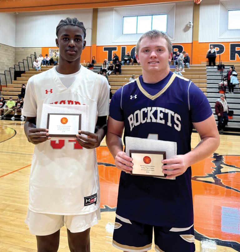 Congratulations to Cleon Djfalo (left) of Beardstown on being named to the Tiger Classic All Tournament Team. He is pictured with fellow All-Tourney member Bennett Fretueg of Rushville-Industry.