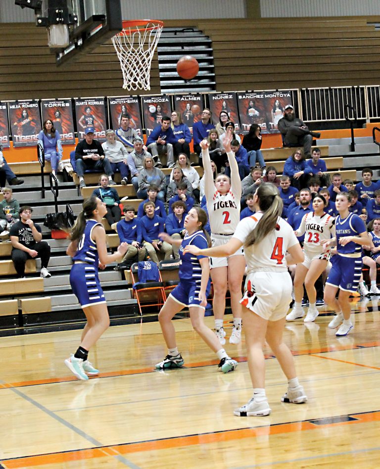 Kylynn Maltby knocks down a short jumper for Beardstown while Bell Palmer (#4) moves into rebound position.