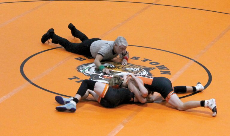 The Tiger’s Kellen Brown just about to pin his man for the win.