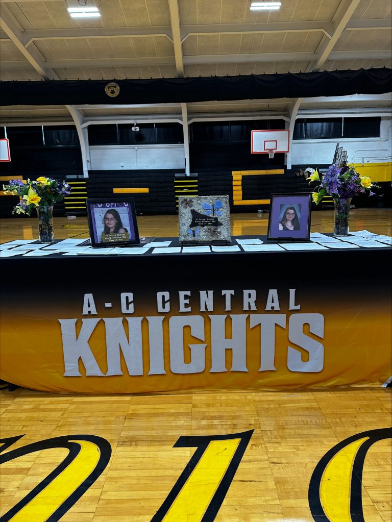 On December 20, A-C Central School held an assembly in memory of former student, Alaria Bell, who tragically died December 14, 2023. Teacher Anna Stevens was able to work with Alaria’s father, Patrick Bell, to arrange a time the family could attend. BETA Club member Max Kesselring read a poem and HS/MS Principal Anthony Mansur and Superintentant Dr. Amy Zahm spoke at the assembly. The art and woodworking classes crafted a concrete stone with butterflies and a flower made of glass that is being placed in front of the school, and a photo of Alaria will hang in the school in her memory. “Letters to Alaria”were given to the family that many of the students wrote in their high school English classes. “Mr. Bell said afterward that he was incredibly thankful for the gesture by both staff and students” stated Mansur.  Photo submitted.