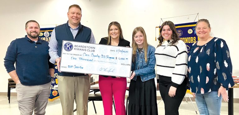 Pictured left to right: Anthony Manmur, (AC Central HS Principal and CEO Board member), Rich Eckert, (President Beardstown Savings Bank, CEO Board member, Kiwanis member), and CEO students Katelyn Adams (Jacksonville), Riley Booth (Triopia) and Kylie Clayton (Winchester), and Katie Vitalie (CEO Board member, Executive Director Chamber of Commerce, Kiwanis member)