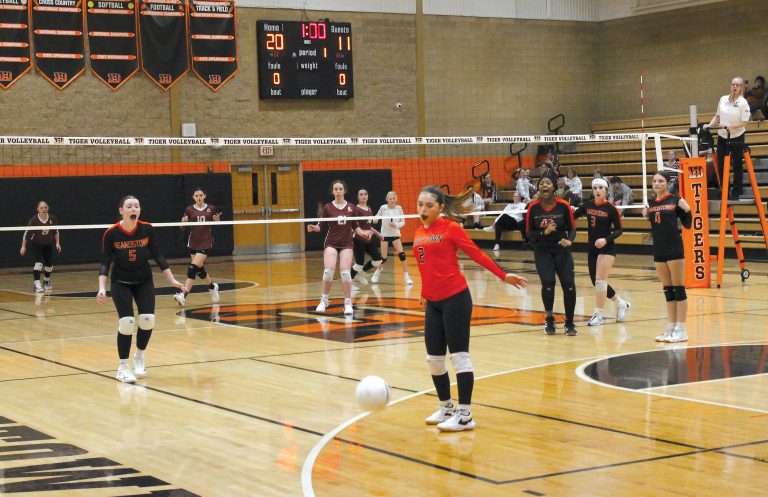 OUT! Miley Ayala wisely lets this ball land out of bounds in junior high volleyball action against Havana.